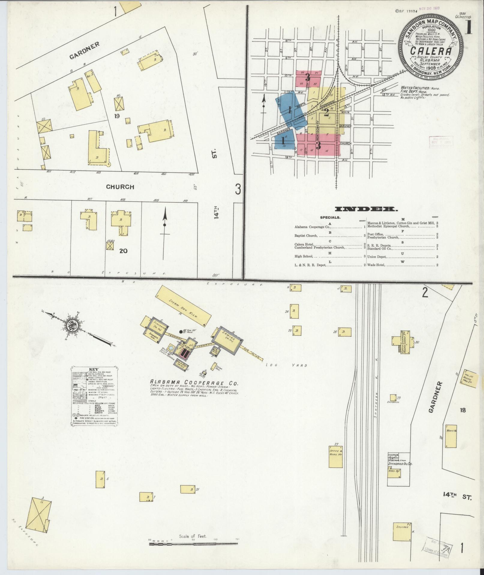 Sanborn Fire Insurance Map from Calera, Shelby County, Alabama (1909), Sheet #0001 - Historic Sanborn Fire Insurance Map Print, vintage old map wall art, antique decor, genealogy gift, Alabama Alabama map