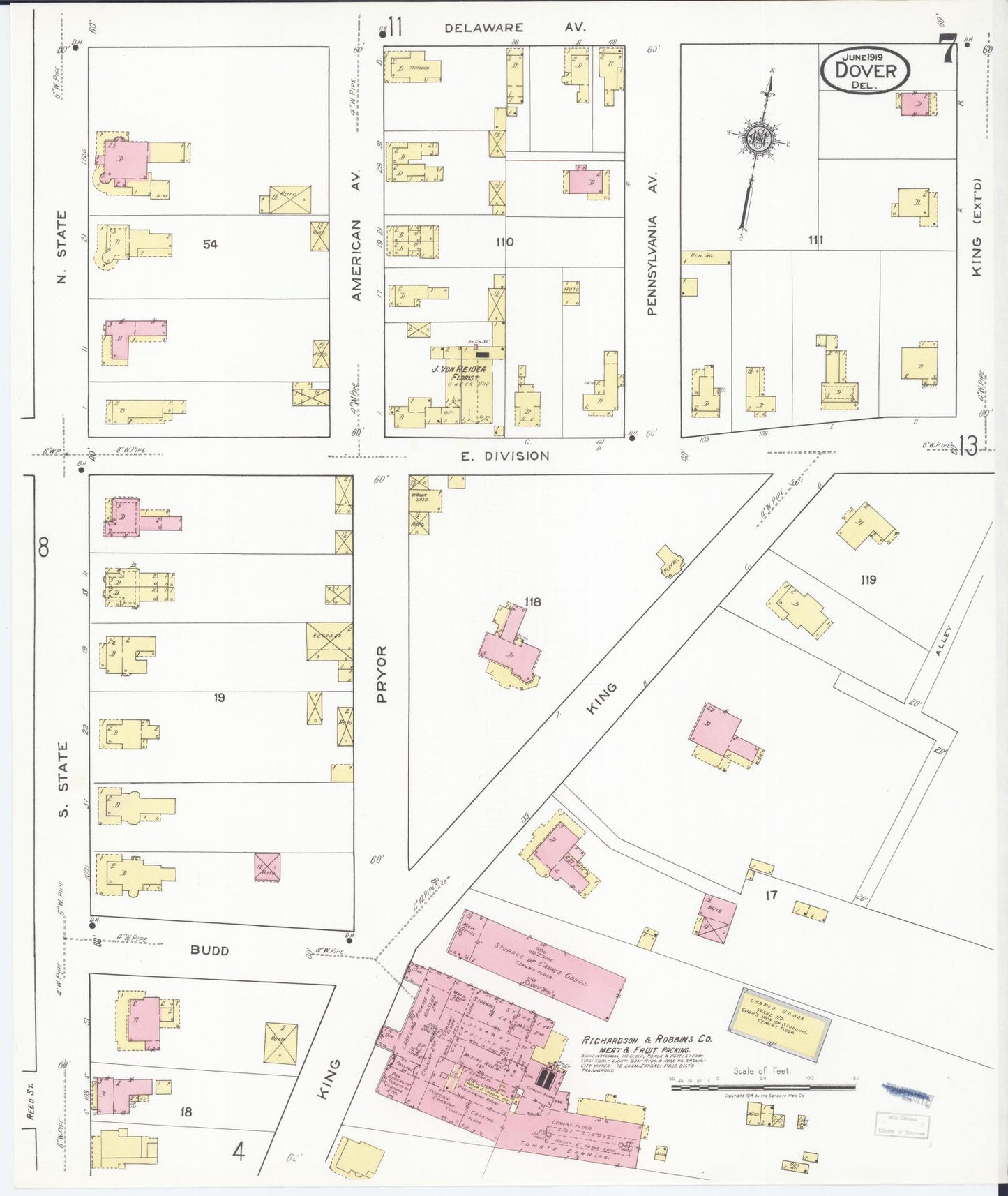 Sanborn Fire Insurance Map from Dover, Kent County, Delaware (1919), Sheet #0007 - Historic Sanborn Fire Insurance Map Print, vintage old map wall art, antique decor, genealogy gift, Delaware Delaware map