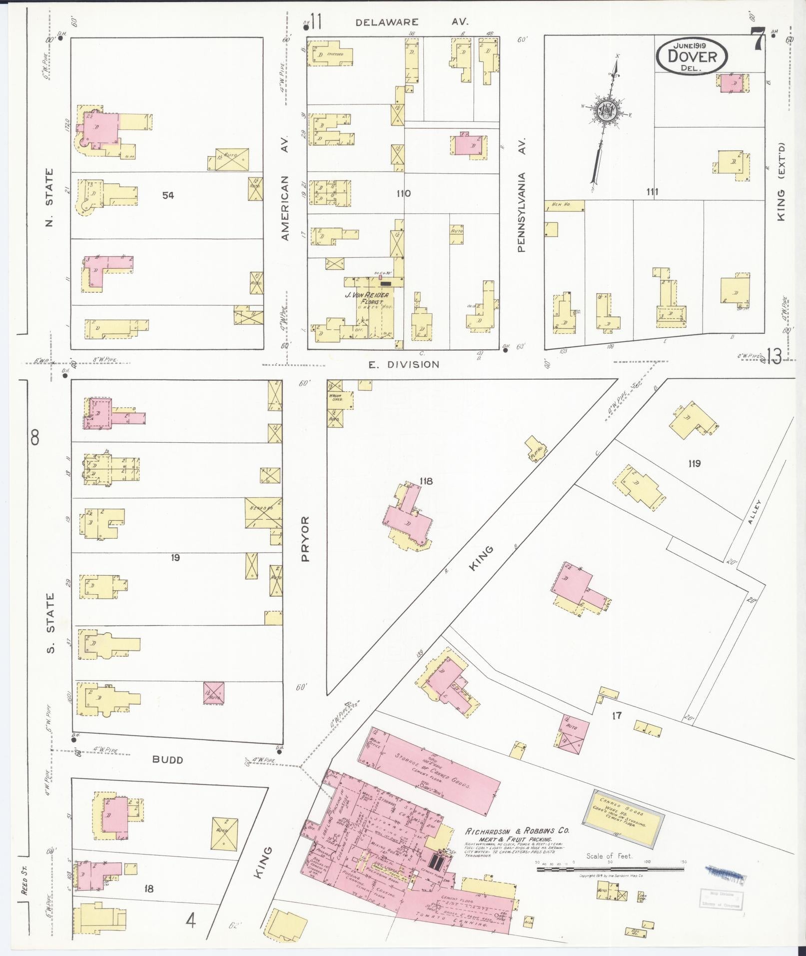 Sanborn Fire Insurance Map from Dover, Kent County, Delaware (1919), Sheet #0007 - Historic Sanborn Fire Insurance Map Print, vintage old map wall art, antique decor, genealogy gift, Delaware Delaware map