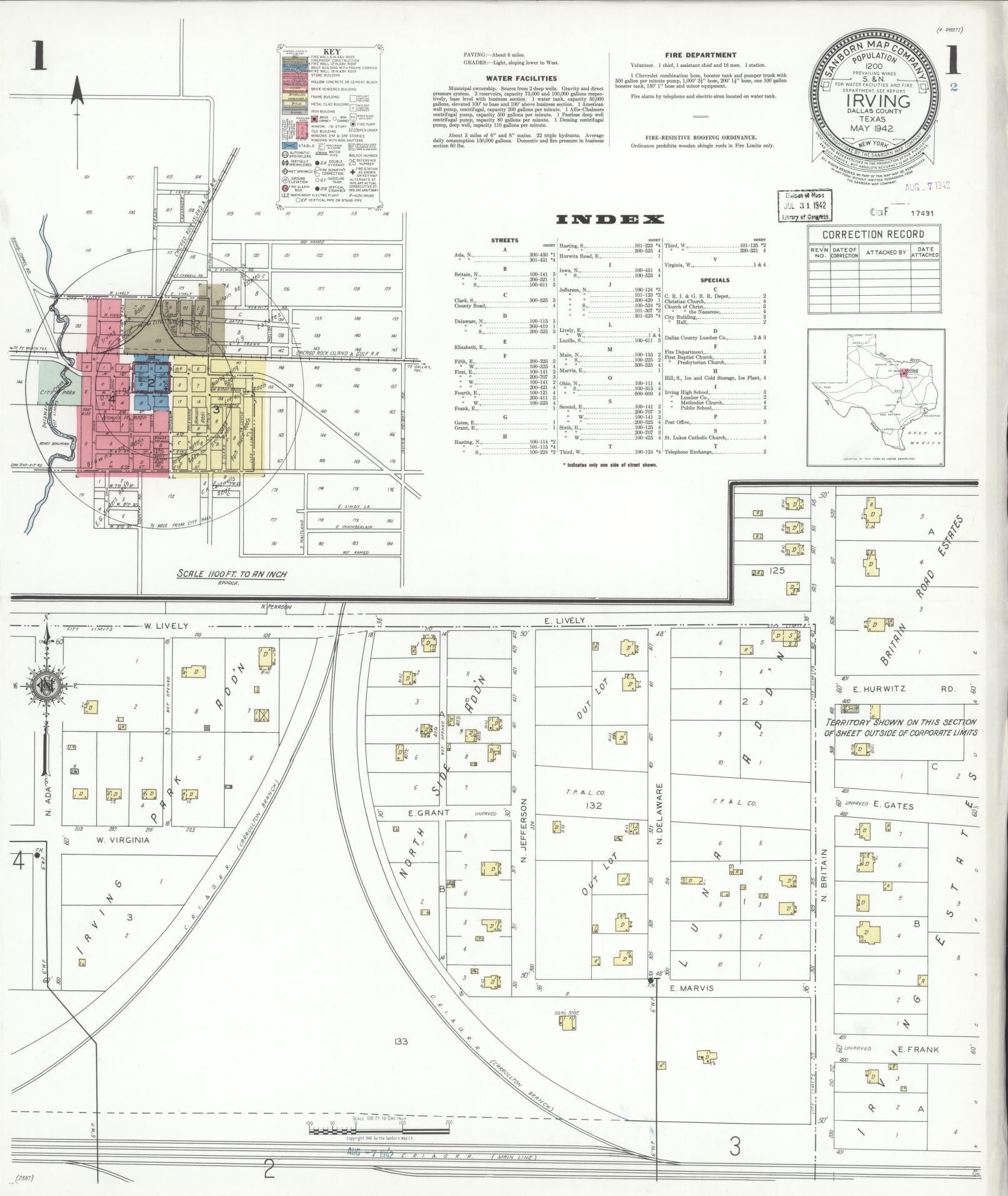 Sanborn Fire Insurance Map from Irving, Dallas County, Texas (1942), Sheet #0001 - Historic Sanborn Fire Insurance Map Print, vintage old map wall art, antique decor, genealogy gift, Texas Texas map
