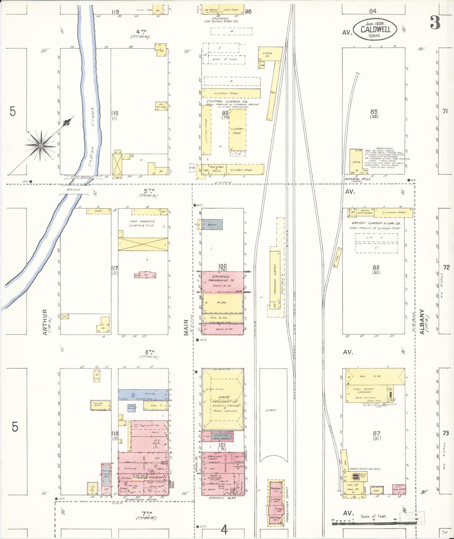 Sanborn Fire Insurance Map from Caldwell, Canyon County, Idaho (1908), Sheet #0003 - Historic Sanborn Fire Insurance Map Print, vintage old map wall art, antique decor, genealogy gift, Idaho Idaho map