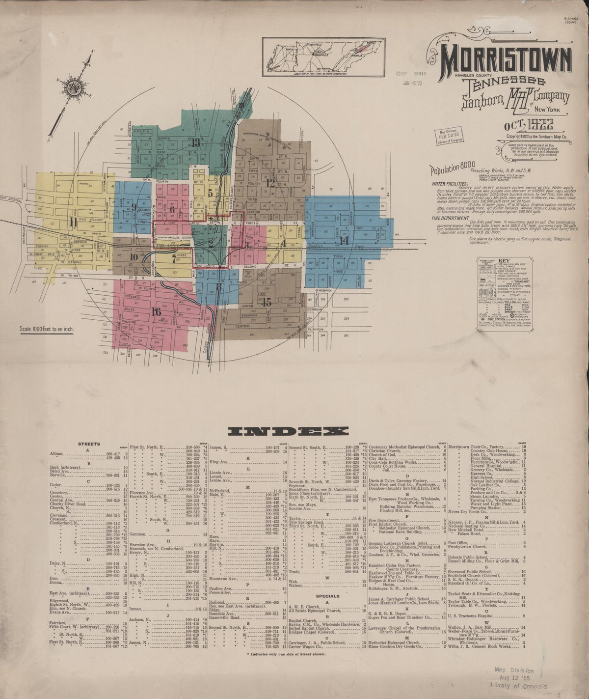 Sanborn Fire Insurance Map from Morristown, Hamblen County, Tennessee (1922), Sheet #0001 - Complete Map Set gallery image, historic Sanborn map, vintage wall art, Tennessee Tennessee