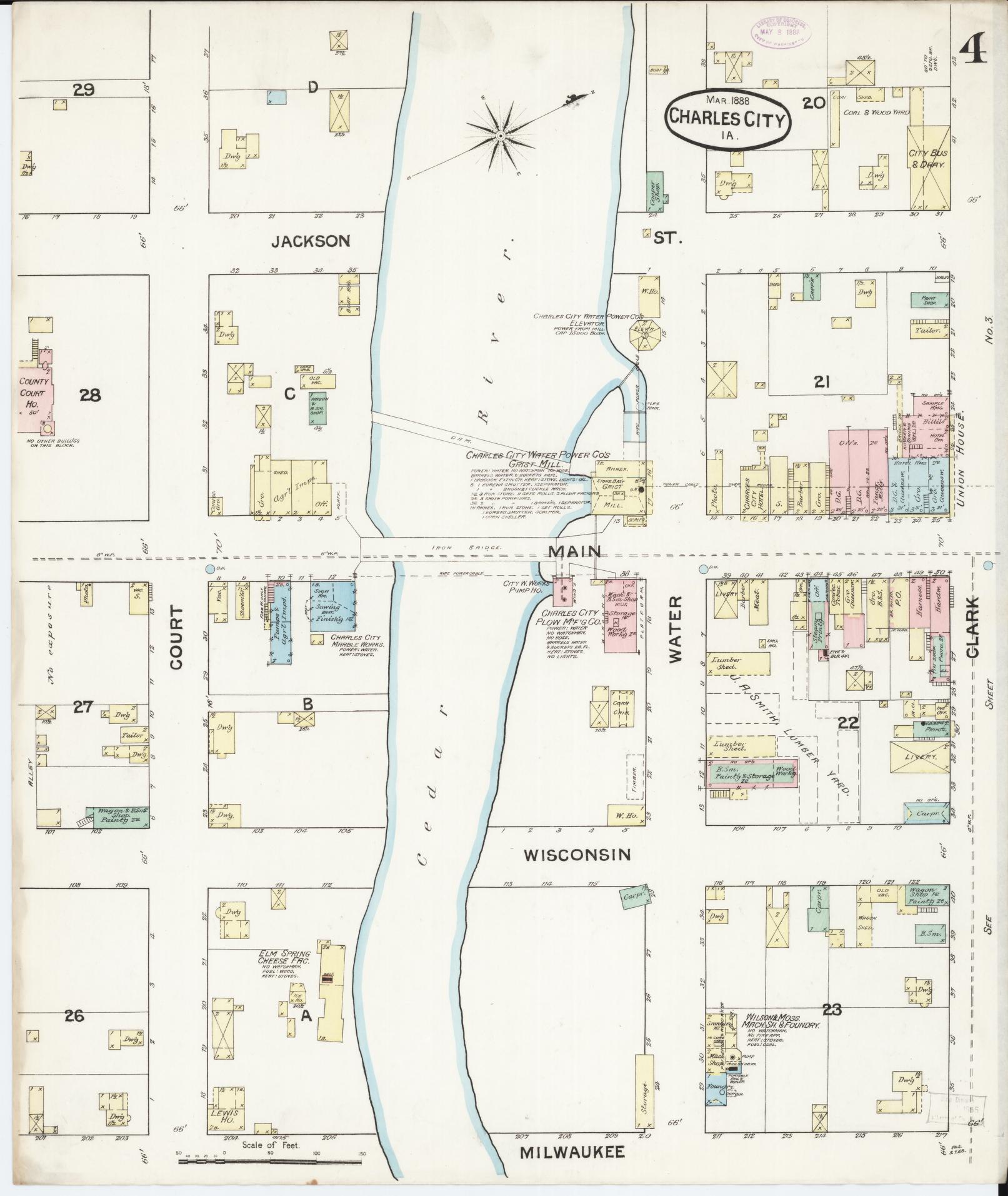 Sanborn Fire Insurance Map from Charles City, Floyd County, Iowa (1888), Sheet #0004 - Historic Sanborn Fire Insurance Map Print, vintage old map wall art