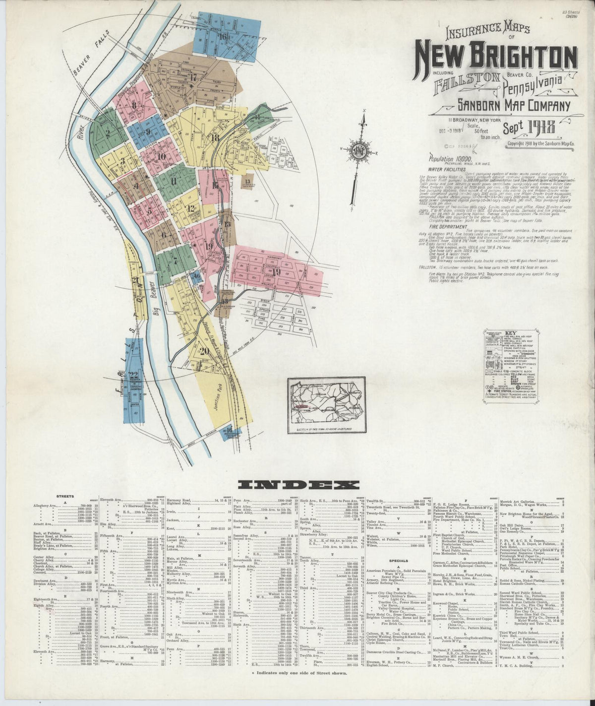 Sanborn Fire Insurance Map from New Brighton, Beaver County, Pennsylvania (1918), Sheet #0001 - Historic Sanborn Fire Insurance Map Print, vintage old map wall art, antique decor, genealogy gift, Pennsylvania Pennsylvania map