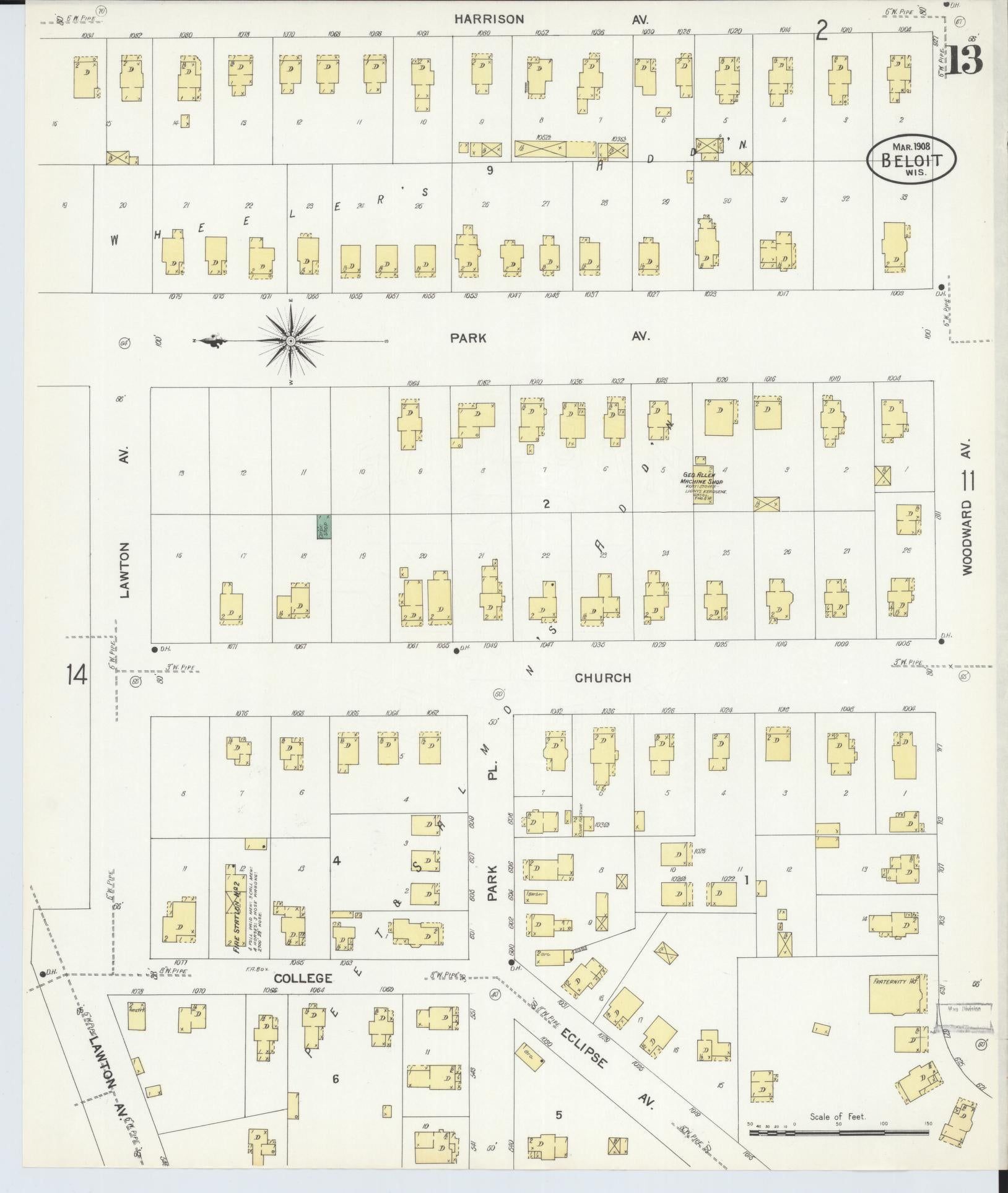 Sanborn Fire Insurance Map from Beloit, Rock County, Wisconsin (1908), Sheet #0013 - Complete Map Set gallery image, historic Sanborn map, vintage wall art, Wisconsin Wisconsin