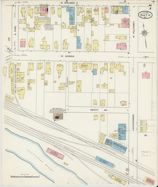 Sanborn Fire Insurance Map from Bath, Steuben County, New York (1915), Sheet #0007 - Historic Sanborn Fire Insurance Map Print, vintage old map wall art, antique decor, genealogy gift, New York New York map