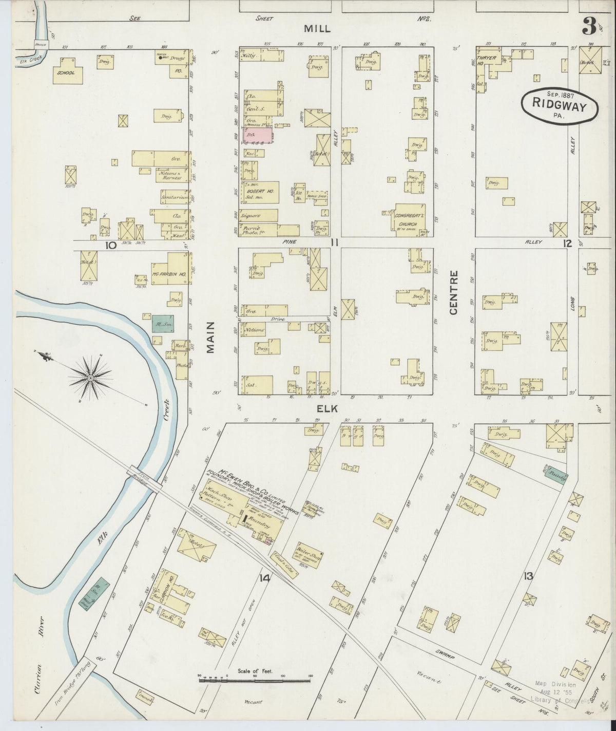 Sanborn Fire Insurance Map from Ridgway, Elk County, Pennsylvania (1887), Sheet #0003 - Historic Sanborn Fire Insurance Map Print, vintage old map wall art, antique decor, genealogy gift, Pennsylvania Pennsylvania map