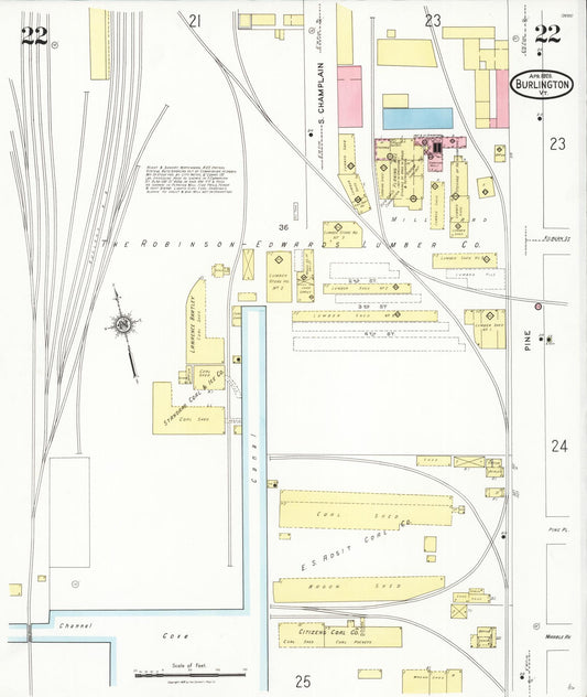 Sanborn Fire Insurance Map from Burlington, Chittenden County, Vermont (1926), Sheet #0022 - Historic Sanborn Fire Insurance Map Print, vintage old map wall art, antique decor, genealogy gift, Vermont Vermont map