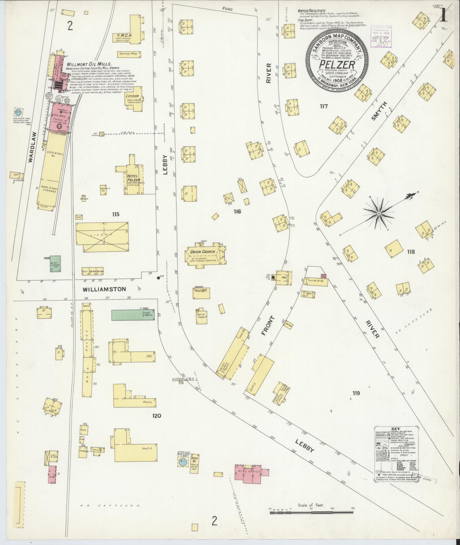 Sanborn Fire Insurance Map from Pelzer, Anderson County, South Carolina (1908), Sheet #0001 - Historic Sanborn Fire Insurance Map Print, vintage old map wall art, antique decor, genealogy gift, South Carolina South Carolina map