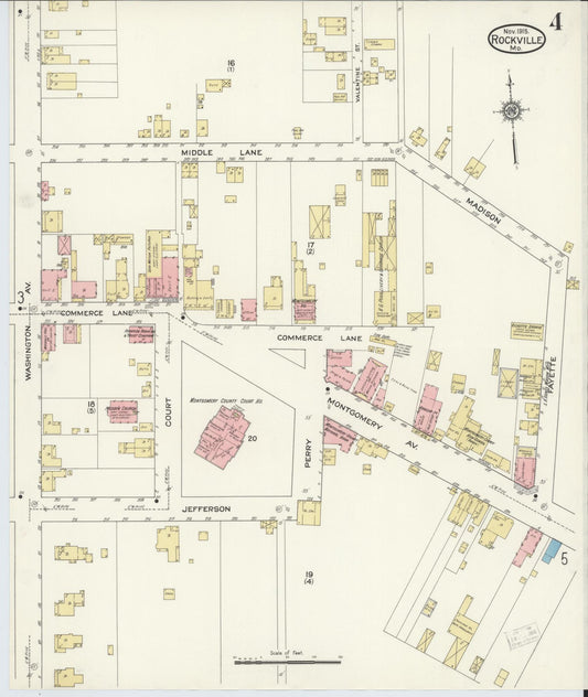 Sanborn Fire Insurance Map from Rockville, Montgomery County, Maryland (1915), Sheet #0004 - Historic Sanborn Fire Insurance Map Print, vintage old map wall art, antique decor, genealogy gift, Maryland Maryland map