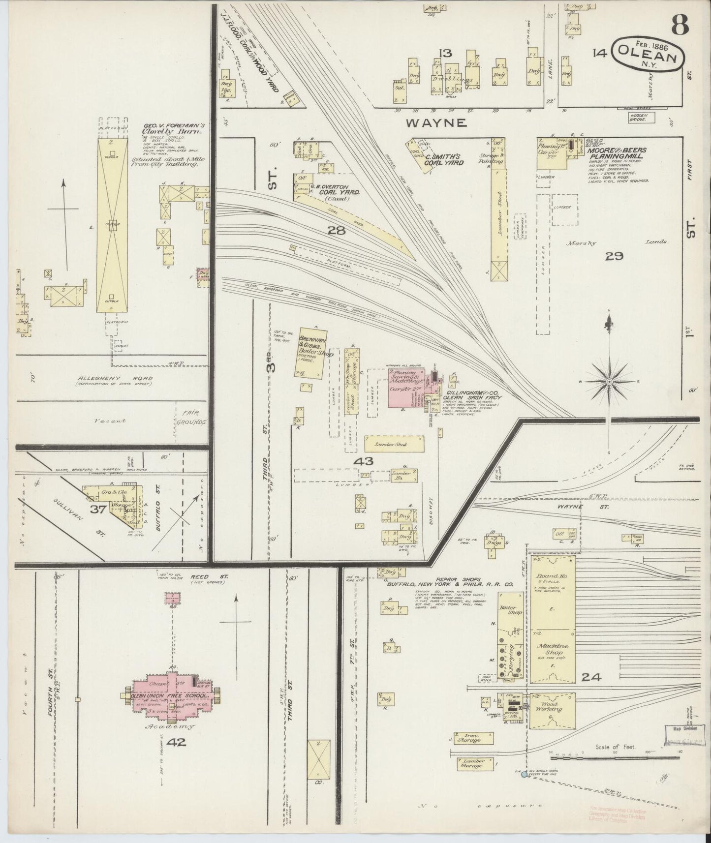 Sanborn Fire Insurance Map from Olean, Cattaraugus County, New York (1886), Sheet #0008 - Complete Map Set gallery image, historic Sanborn map, vintage wall art, New York New York