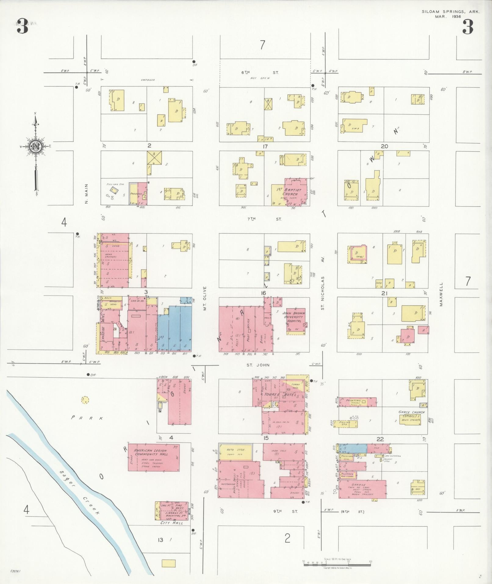 Sanborn Fire Insurance Map from Siloam Springs, Benton County, Arkansas (1936), Sheet #0003 - Historic Sanborn Fire Insurance Map Print, vintage old map wall art, antique decor, genealogy gift, Arkansas Arkansas map