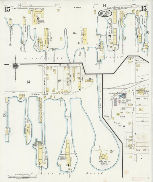 Sanborn Fire Insurance Map from Biloxi, Harrison County, Mississippi (1925), Sheet #0015 - Historic Sanborn Fire Insurance Map Print, vintage old map wall art, antique decor, genealogy gift, Mississippi Mississippi map