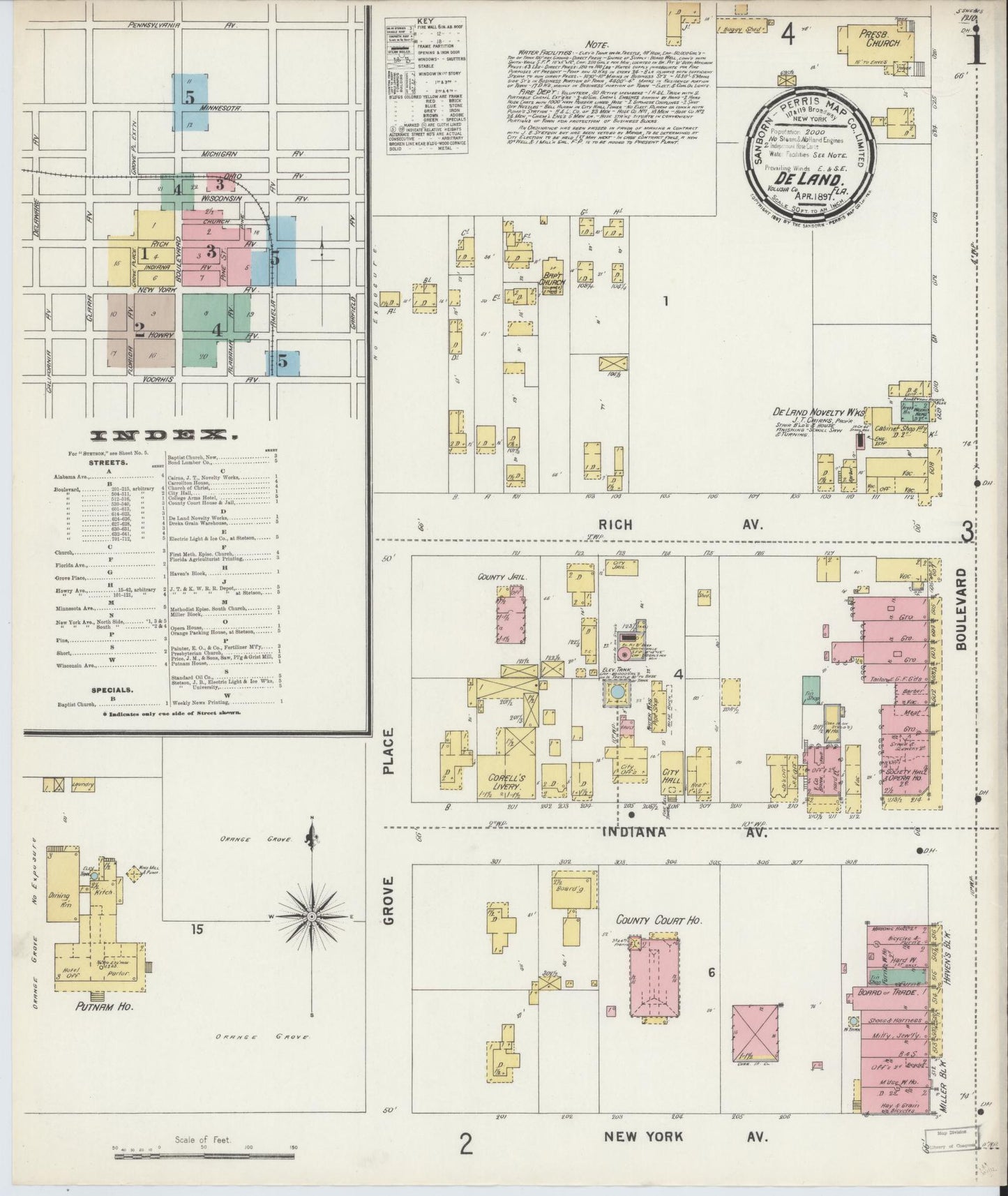 Sanborn Fire Insurance Map from De Land, Volusia County, Florida (1897), Sheet #0001 - Complete Map Set gallery image, historic Sanborn map, vintage wall art, Florida Florida