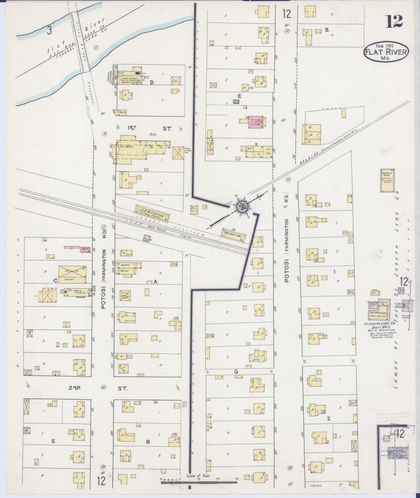 Sanborn Fire Insurance Map from Flat River, Saint Francois County, Missouri (1915), Sheet #0012 - Historic Sanborn Fire Insurance Map Print, vintage old map wall art, antique decor, genealogy gift, Missouri Missouri map
