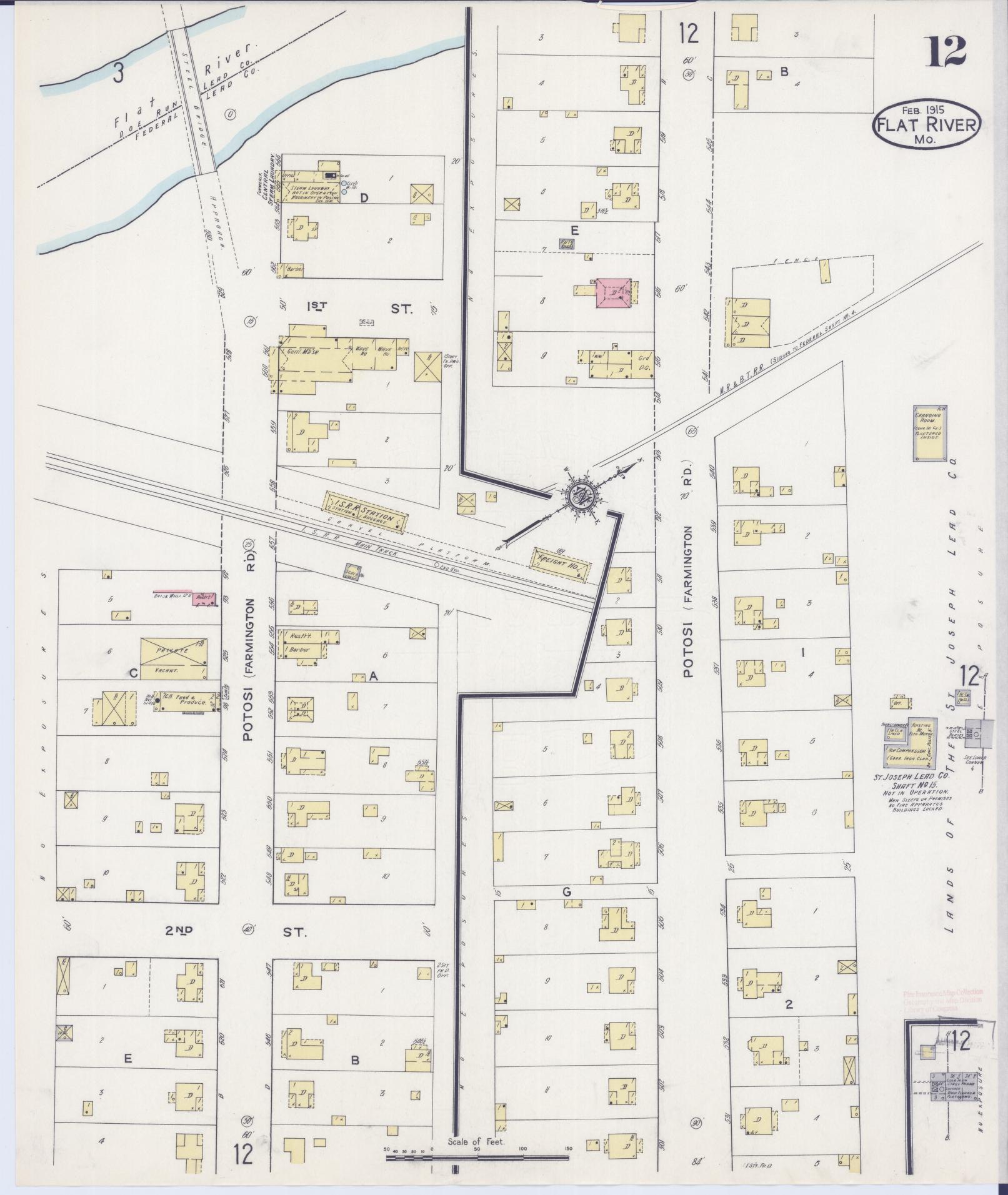Sanborn Fire Insurance Map from Flat River, Saint Francois County, Missouri (1915), Sheet #0012 - Historic Sanborn Fire Insurance Map Print, vintage old map wall art, antique decor, genealogy gift, Missouri Missouri map