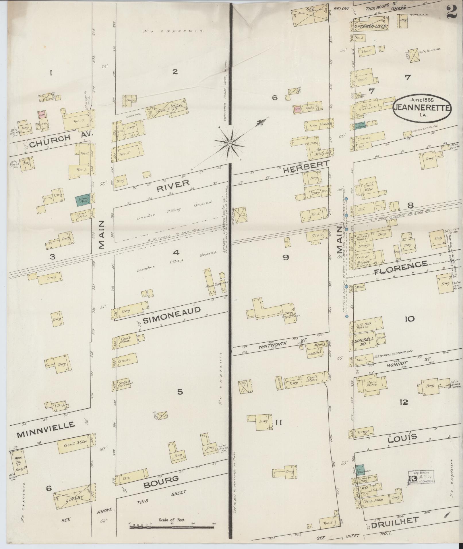Sanborn Fire Insurance Map from Jeannerette, Iberia Parish, Louisiana (1885), Sheet #0002 - Historic Sanborn Fire Insurance Map Print, vintage old map wall art, antique decor, genealogy gift, Louisiana Louisiana map