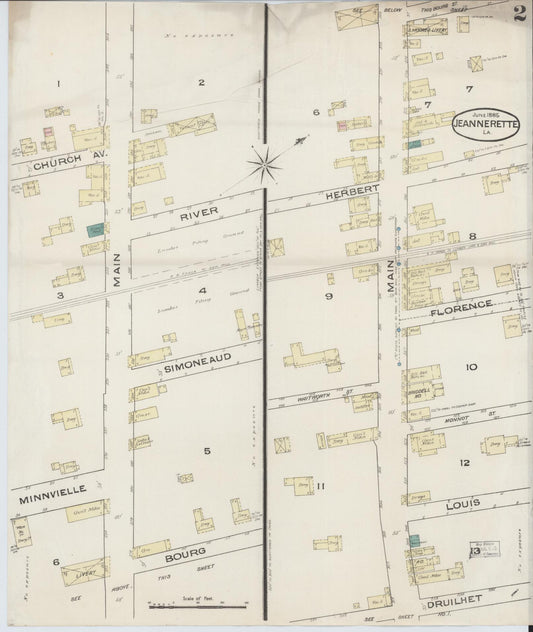 Sanborn Fire Insurance Map from Jeannerette, Iberia Parish, Louisiana (1885), Sheet #0002 - Historic Sanborn Fire Insurance Map Print, vintage old map wall art, antique decor, genealogy gift, Louisiana Louisiana map