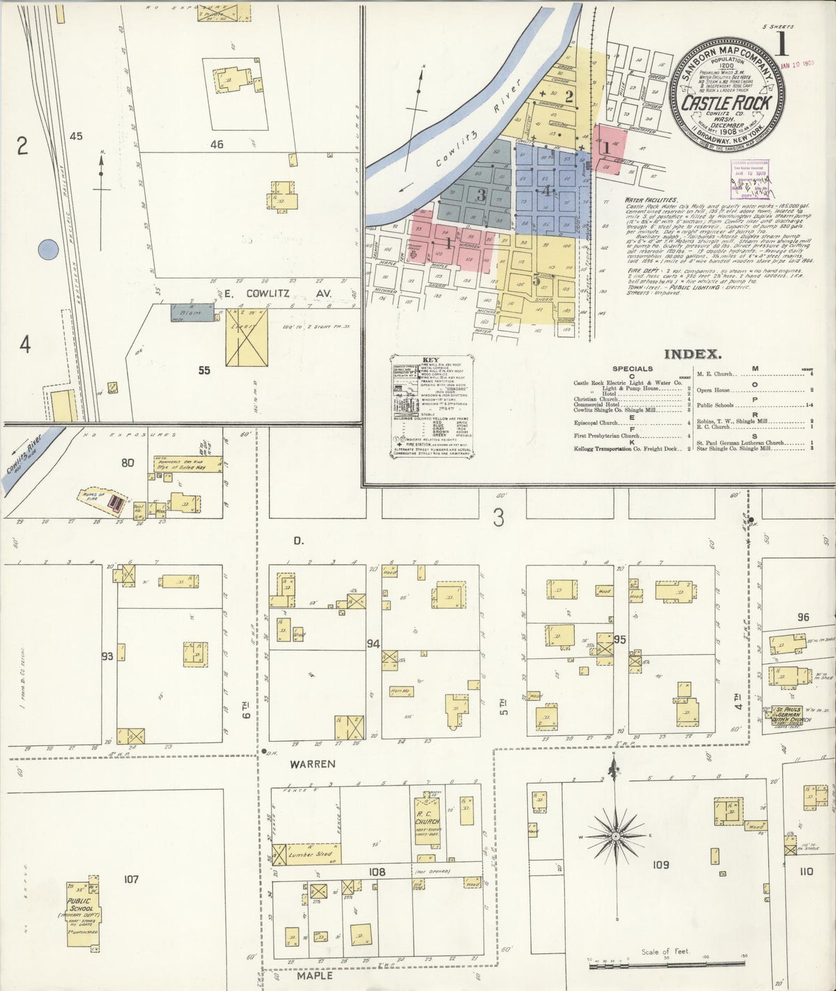 Sanborn Fire Insurance Map from Castle Rock, Cowlitz County, Washington (1908), Sheet #0001 - Historic Sanborn Fire Insurance Map Print, vintage old map wall art, antique decor, genealogy gift, Washington Washington map