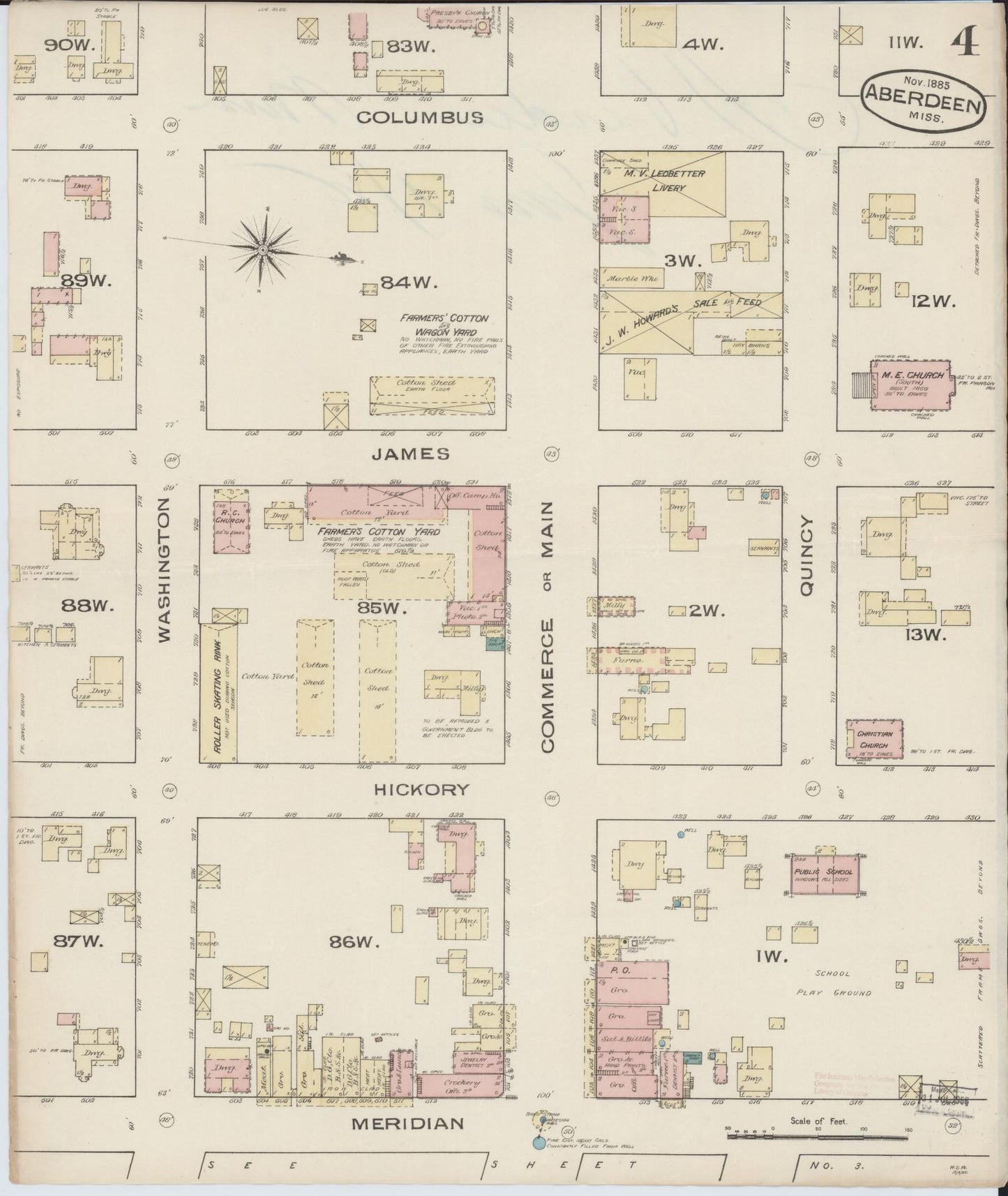 Sanborn Fire Insurance Map from Aberdeen, Monroe County, Mississippi (1885), Sheet #0004 - Complete Map Set gallery image, historic Sanborn map, vintage wall art, Mississippi Mississippi