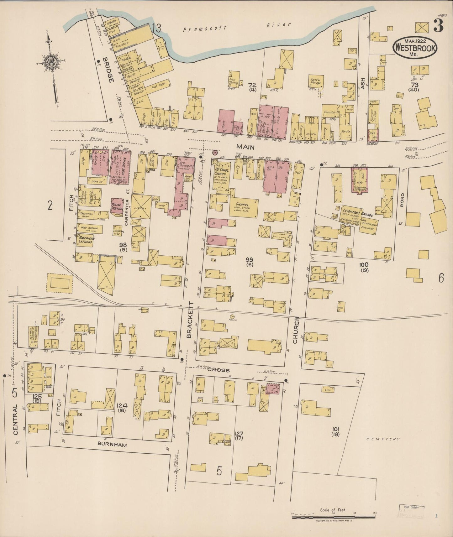 Sanborn Fire Insurance Map from Westbrook, Cumberland County, Maine (1922), Sheet #0003 - Complete Map Set gallery image, historic Sanborn map, vintage wall art, Maine Maine