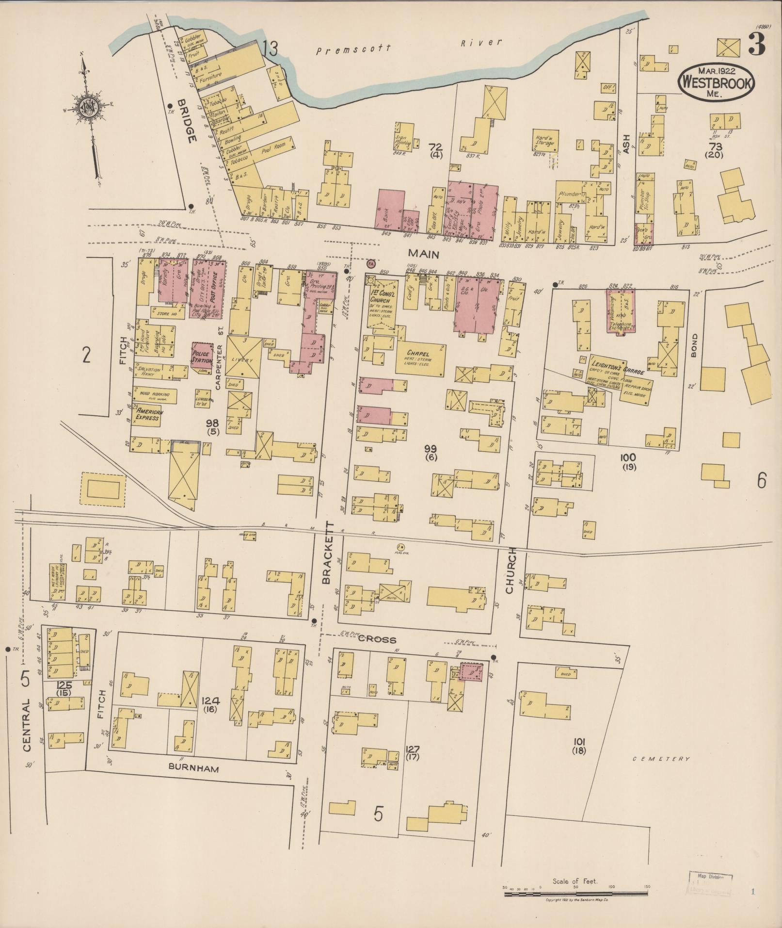 Sanborn Fire Insurance Map from Westbrook, Cumberland County, Maine (1922), Sheet #0003 - Complete Map Set gallery image, historic Sanborn map, vintage wall art, Maine Maine