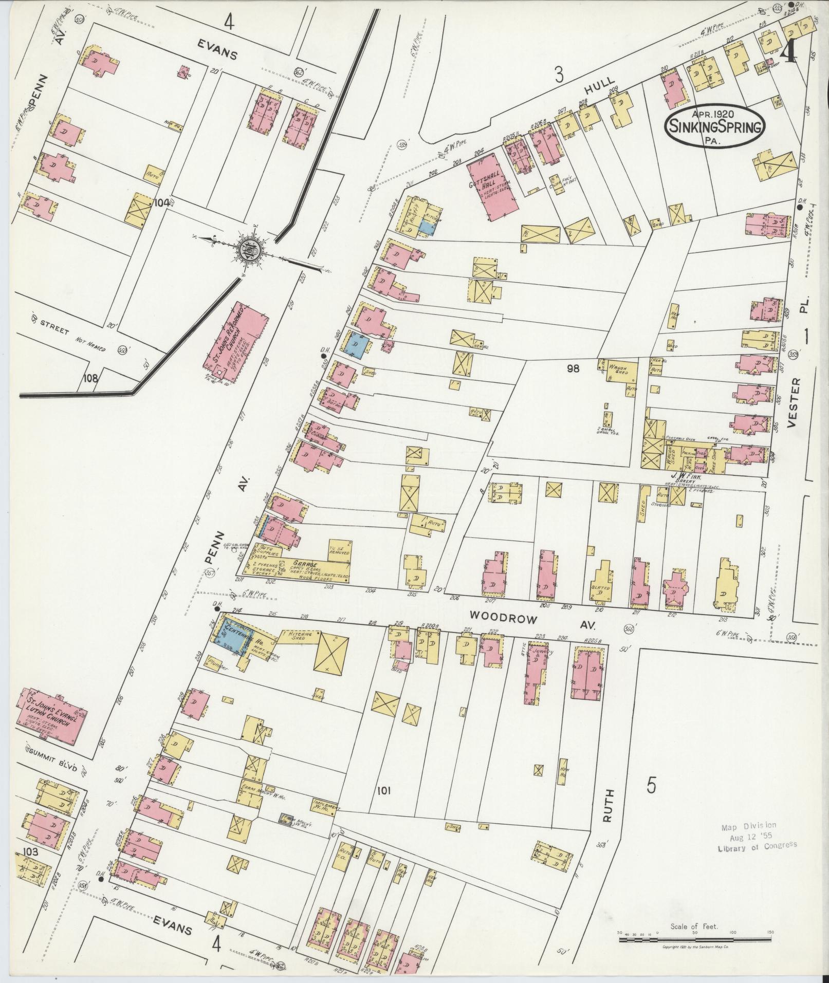 Sanborn Fire Insurance Map from Sinking Spring, Berks County, Pennsylvania (1920), Sheet #0004 - Historic Sanborn Fire Insurance Map Print, vintage old map wall art, antique decor, genealogy gift, Pennsylvania Pennsylvania map