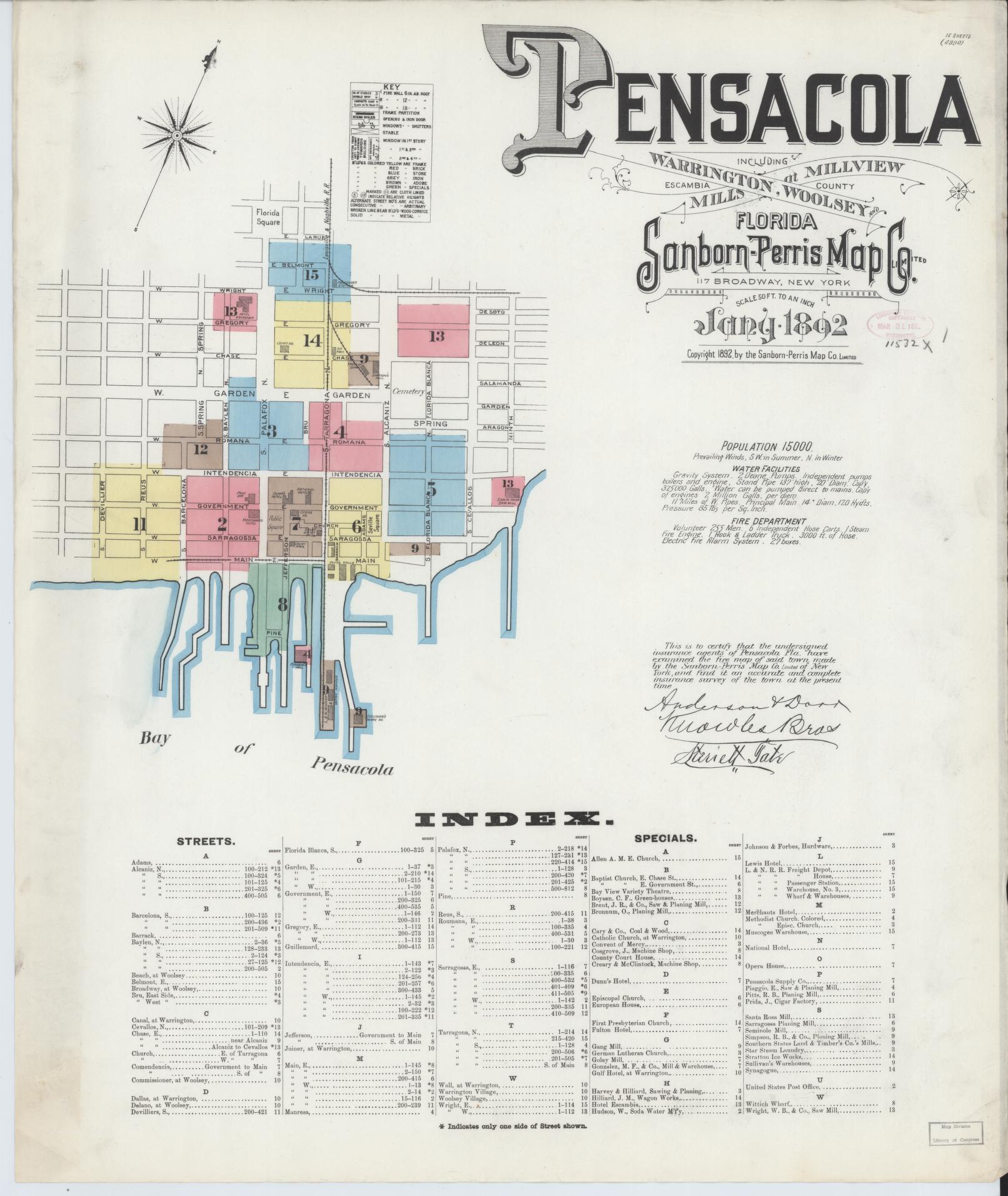 Sanborn Fire Insurance Map from Pensacola, Escambia County, Florida (1892), Sheet #0001 - Historic Sanborn Fire Insurance Map Print, vintage old map wall art, antique decor, genealogy gift, Florida Florida map