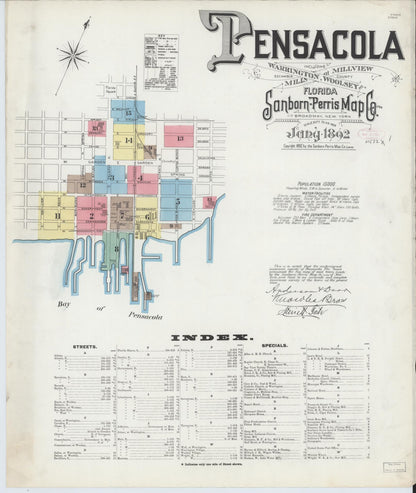 Sanborn Fire Insurance Map from Pensacola, Escambia County, Florida (1892), Sheet #0001 - Historic Sanborn Fire Insurance Map Print, vintage old map wall art, antique decor, genealogy gift, Florida Florida map