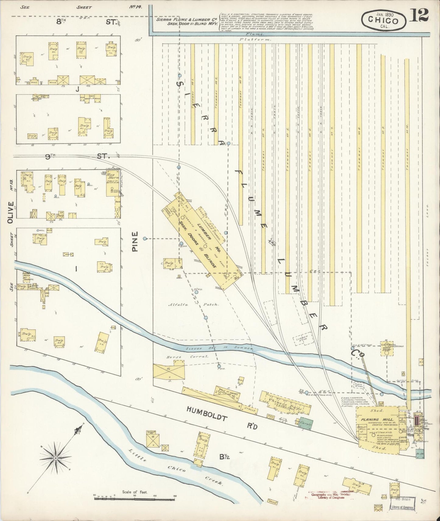Sanborn Fire Insurance Map from Chico, Butte County, California (1890), Sheet #0012 - Historic Sanborn Fire Insurance Map Print, vintage old map wall art, antique decor, genealogy gift, California California map