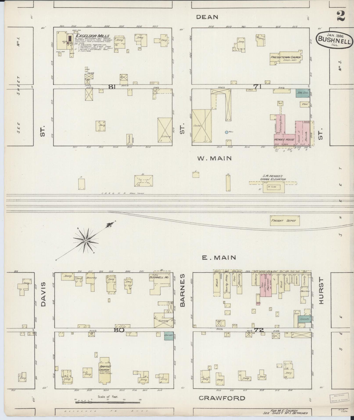 Sanborn Fire Insurance Map from Bushnell, Mcdonough County, Illinois (1886), Sheet #0002 - Complete Map Set gallery image, historic Sanborn map, vintage wall art, Illinois Illinois