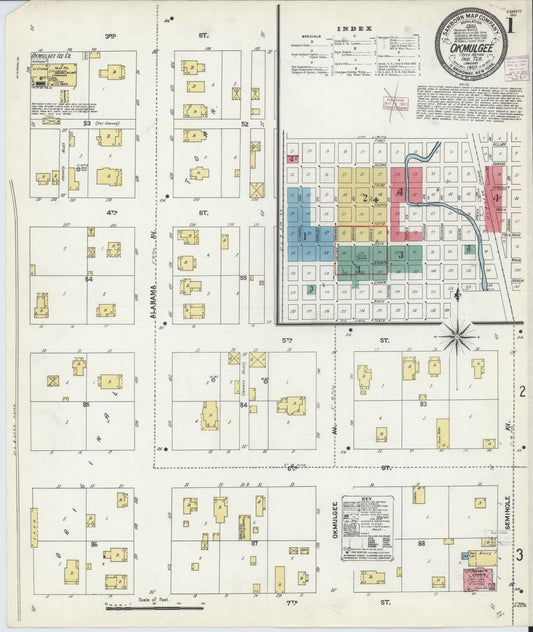 Sanborn Fire Insurance Map from Okmulgee, Okmulgee County, Oklahoma (1907), Sheet #0001 - Complete Map Set gallery image, historic Sanborn map, vintage wall art, Oklahoma Oklahoma
