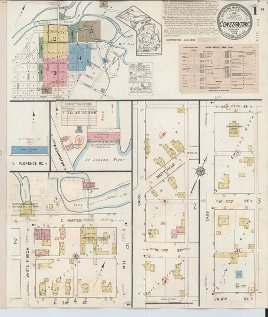 Sanborn Fire Insurance Map from Constantine, Saint Joseph County, Michigan (1932), Sheet #0001 - Historic Sanborn Fire Insurance Map Print, vintage old map wall art, antique decor, genealogy gift, Michigan Michigan map