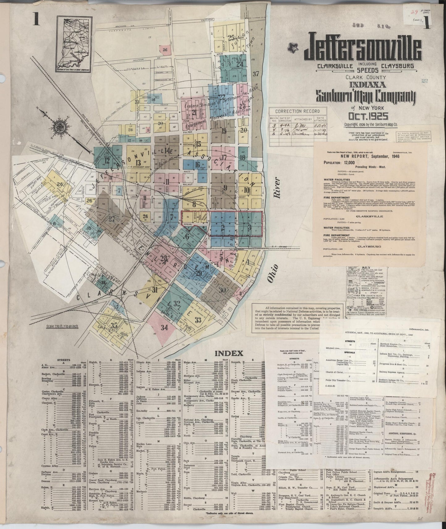 Sanborn Fire Insurance Map from Jeffersonville, Clark County, Indiana (1949), Sheet #0001 - Historic Sanborn Fire Insurance Map Print, vintage old map wall art, antique decor, genealogy gift, Indiana Indiana map