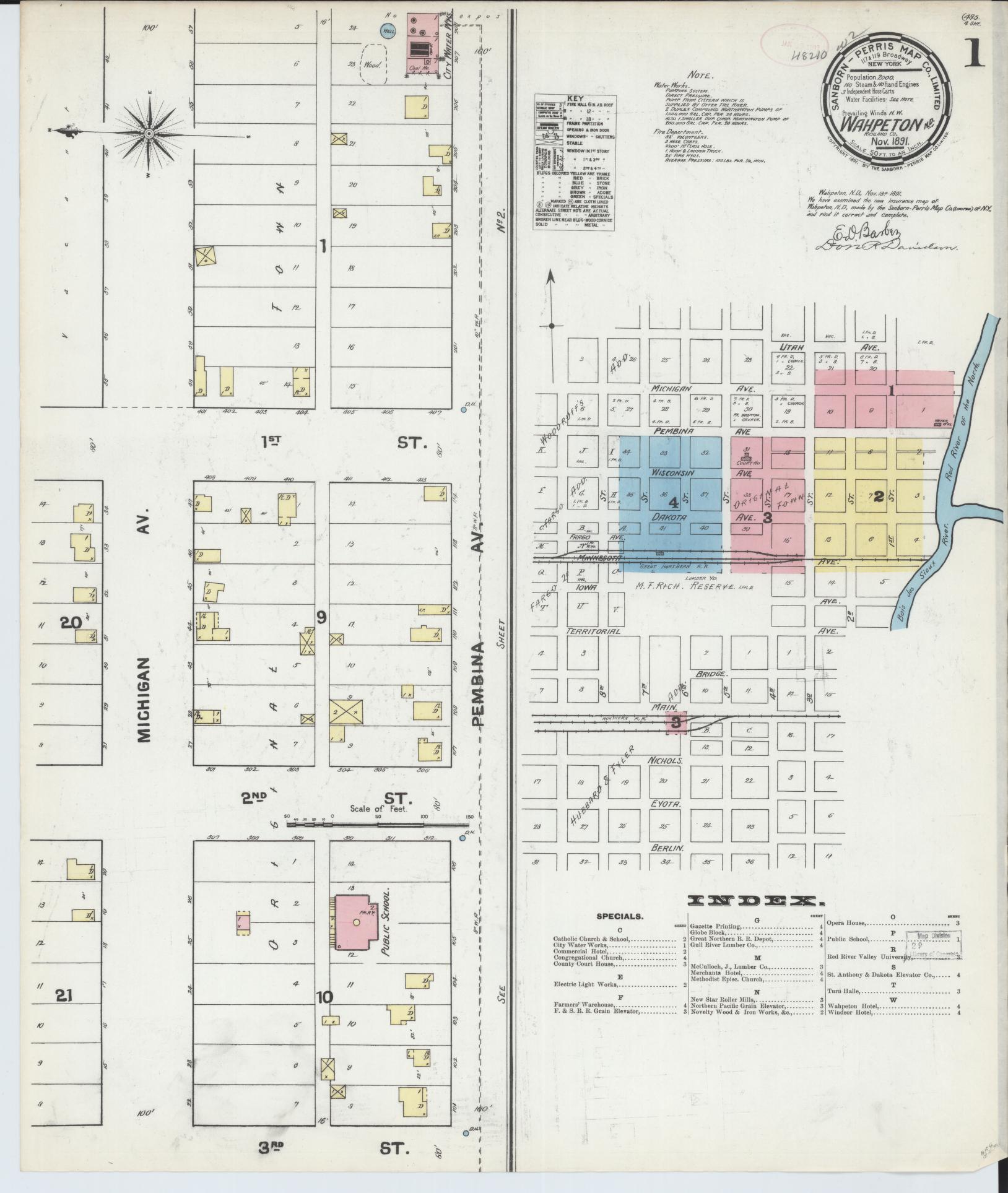 Sanborn Fire Insurance Map from Wahpeton, Richland County, North Dakota (1891), Sheet #0001 - Complete Map Set gallery image, historic Sanborn map, vintage wall art, North Dakota North Dakota