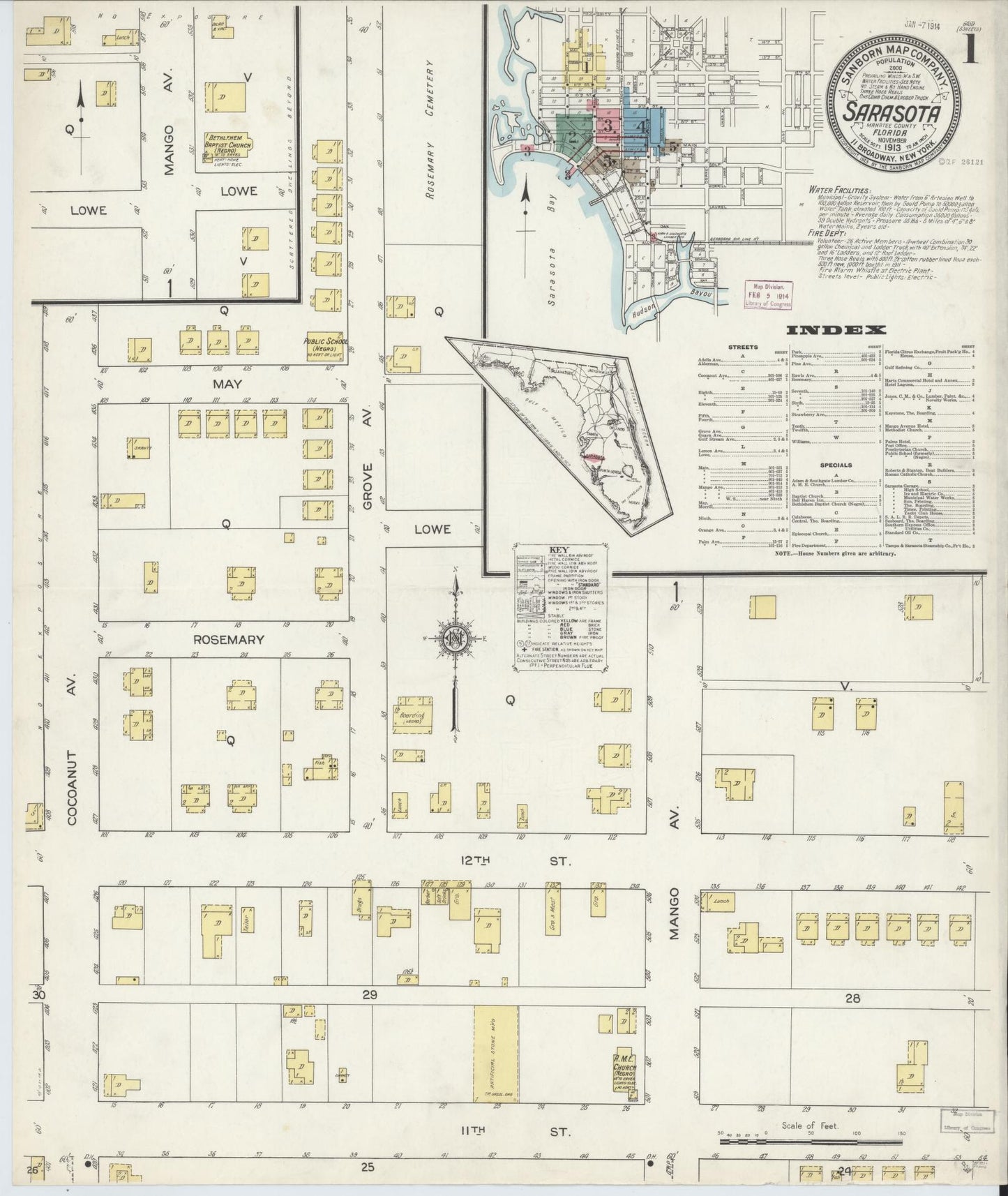 Sanborn Fire Insurance Map from Sarasota, Sarasota County, Florida (1913), Sheet #0001 - Complete Map Set gallery image, historic Sanborn map, vintage wall art, Florida Florida