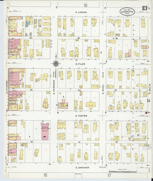 Sanborn Fire Insurance Map from Ludington, Mason County, Michigan (1910), Sheet #0013 - Historic Sanborn Fire Insurance Map Print, vintage old map wall art, antique decor, genealogy gift, Michigan Michigan map
