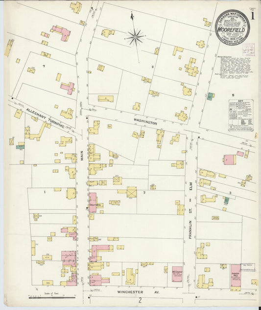 Sanborn Fire Insurance Map from Moorefield, Hardy County, West Virginia (1908), Sheet #0001 - Historic Sanborn Fire Insurance Map Print, vintage old map wall art, antique decor, genealogy gift, West Virginia West Virginia map
