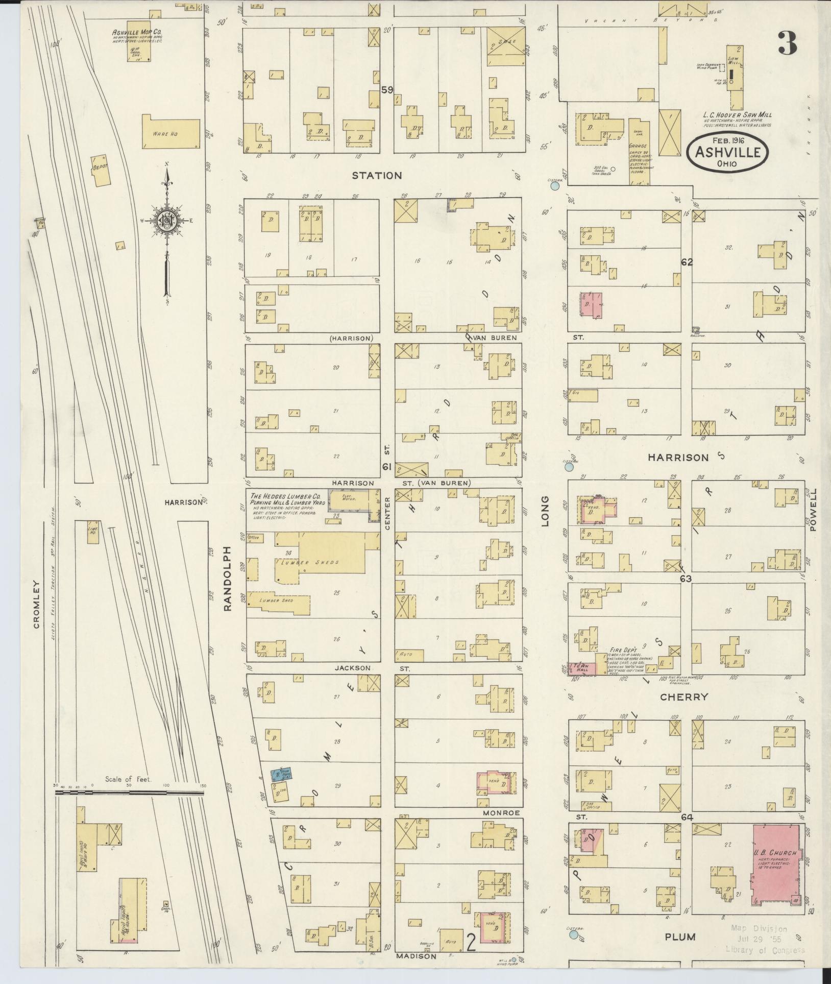 Sanborn Fire Insurance Map from Ashville, Pickaway County, Ohio (1916), Sheet #0003 - Historic Sanborn Fire Insurance Map Print, vintage old map wall art, antique decor, genealogy gift, Ohio Ohio map