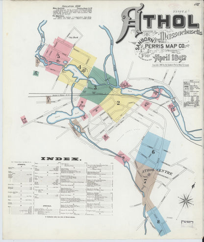 Sanborn Fire Insurance Map from Athol, Worcester County, Massachusetts (1892), Sheet #0001 - Historic Sanborn Fire Insurance Map Print, vintage old map wall art, antique decor, genealogy gift, Massachusetts Massachusetts map