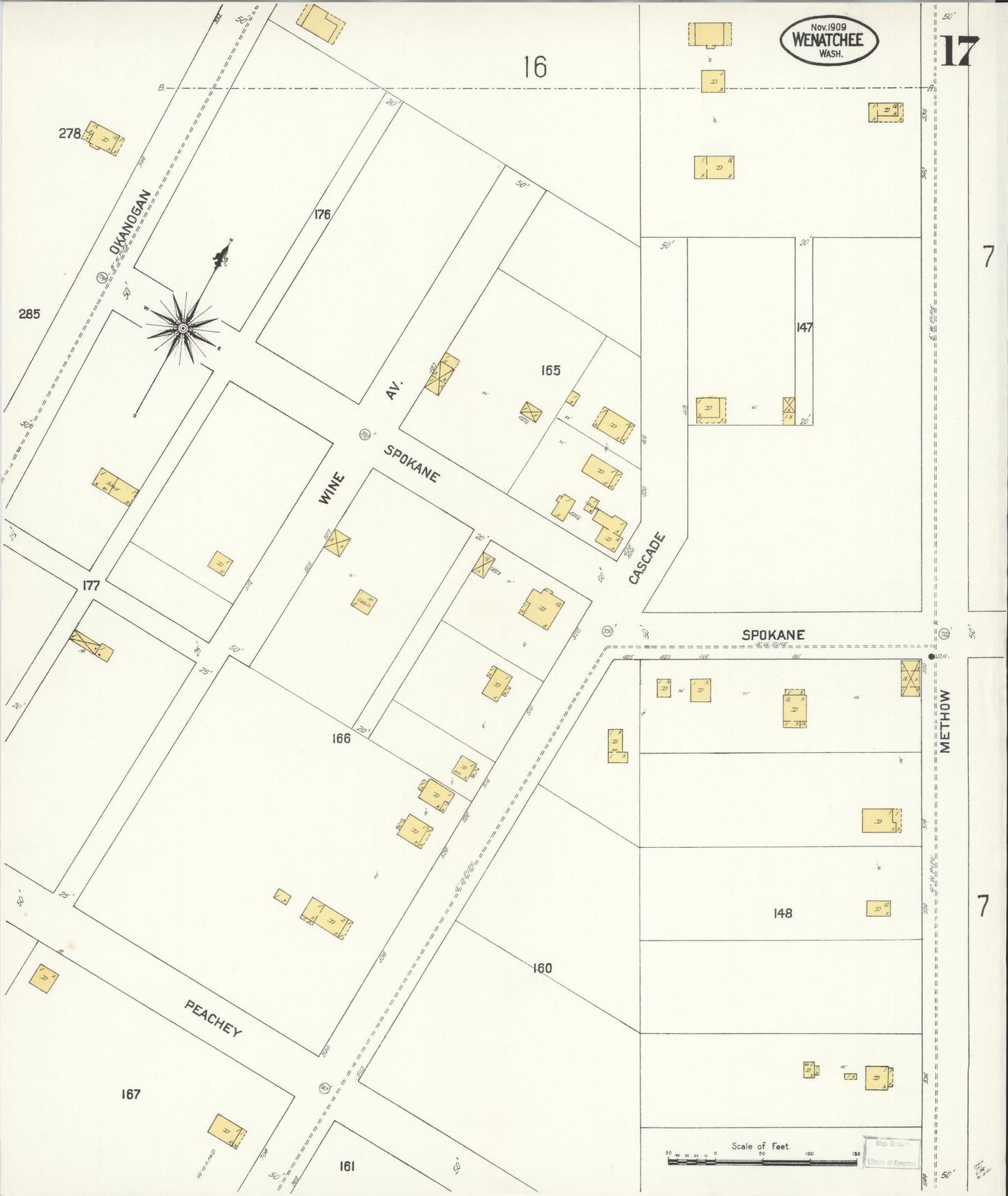 Sanborn Fire Insurance Map from Wenatchee, Chelan County, Washington (1909), Sheet #0017 - Complete Map Set gallery image, historic Sanborn map, vintage wall art, Washington Washington
