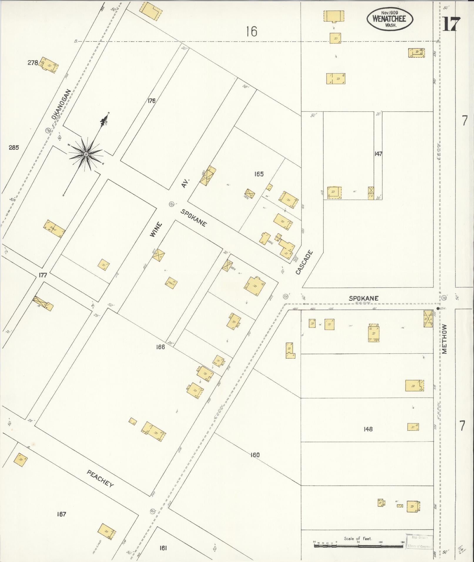 Sanborn Fire Insurance Map from Wenatchee, Chelan County, Washington (1909), Sheet #0017 - Complete Map Set gallery image, historic Sanborn map, vintage wall art, Washington Washington