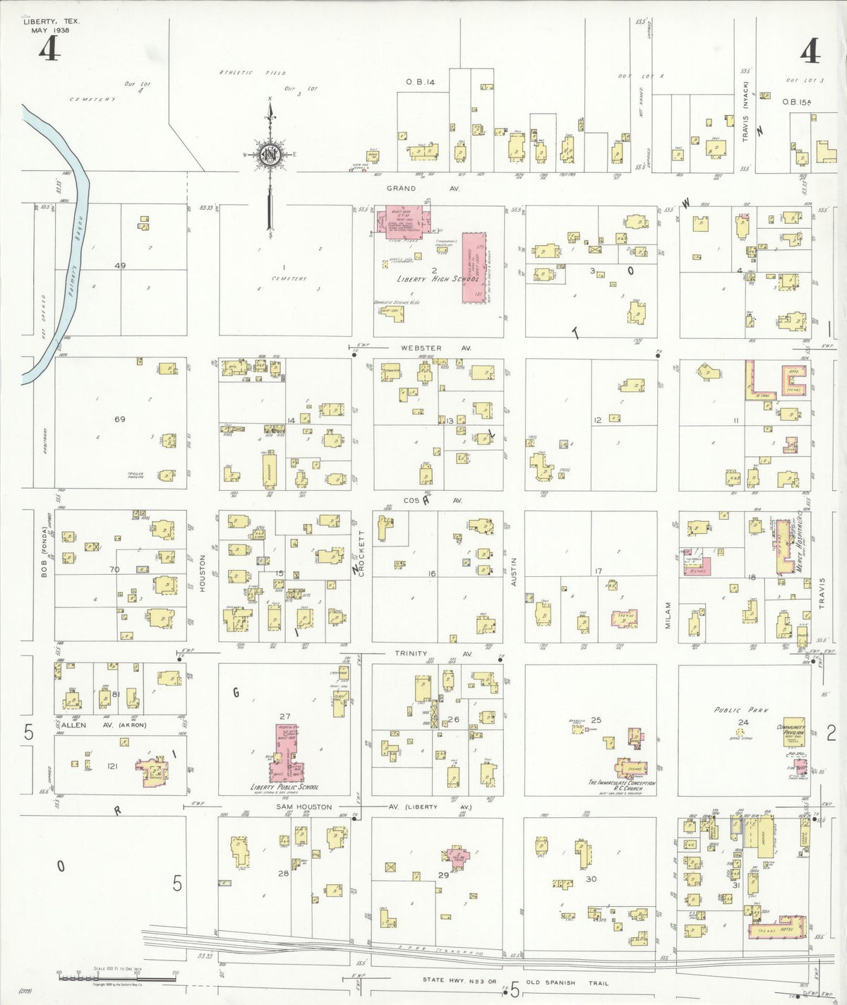 Sanborn Fire Insurance Map from Liberty, Liberty County, Texas (1938), Sheet #0004 - Historic Sanborn Fire Insurance Map Print, vintage old map wall art, antique decor, genealogy gift, Texas Texas map