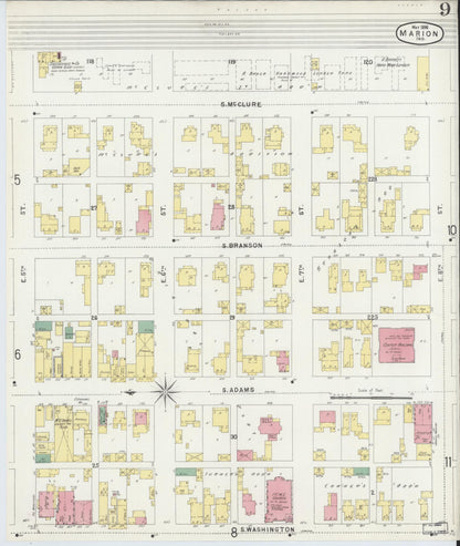 Sanborn Fire Insurance Map from Marion, Grant County, Indiana (1896), Sheet #0009 - Historic Sanborn Fire Insurance Map Print, vintage old map wall art, antique decor, genealogy gift, Indiana Indiana map