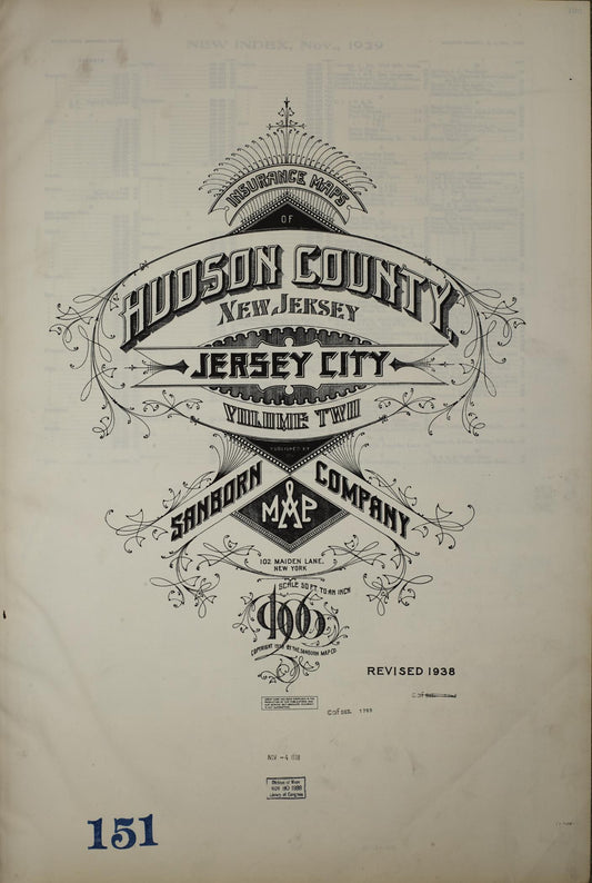 Sanborn Fire Insurance Map from Hudson Co., Hudson County, New Jersey (1938), Sheet #0001 - Historic Sanborn Fire Insurance Map Print, vintage old map wall art, antique decor, genealogy gift, New Jersey New Jersey map