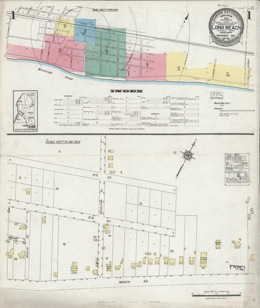 Sanborn Fire Insurance Map from Long Beach, Harrison County, Mississippi (1924), Sheet #0001 - Complete Map Set gallery image, historic Sanborn map, vintage wall art, Mississippi Mississippi