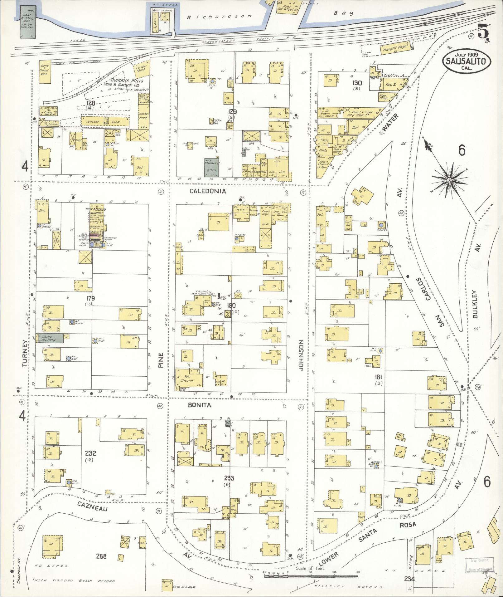 Sanborn Fire Insurance Map from Sausalito, Marin County, California (1909), Sheet #0005 - Complete Map Set gallery image, historic Sanborn map, vintage wall art, California California