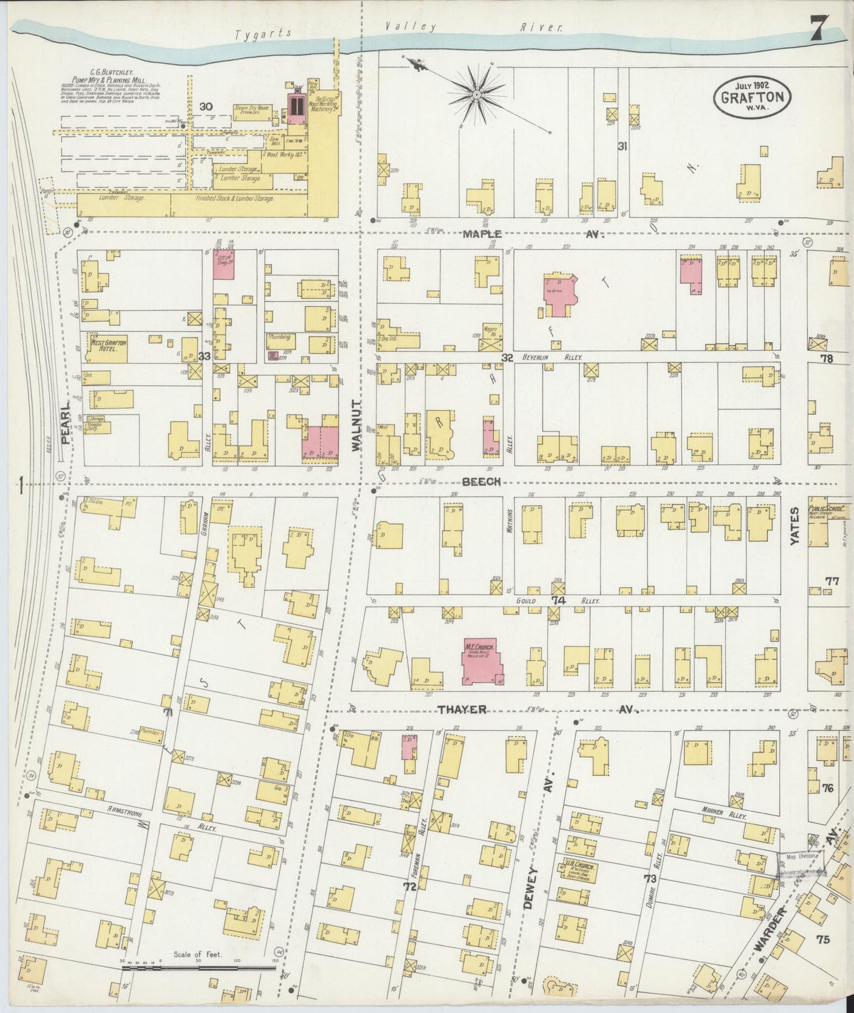 Sanborn Fire Insurance Map from Grafton, Taylor County, West Virginia (1902), Sheet #0007 - Historic Sanborn Fire Insurance Map Print, vintage old map wall art, antique decor, genealogy gift, West Virginia West Virginia map