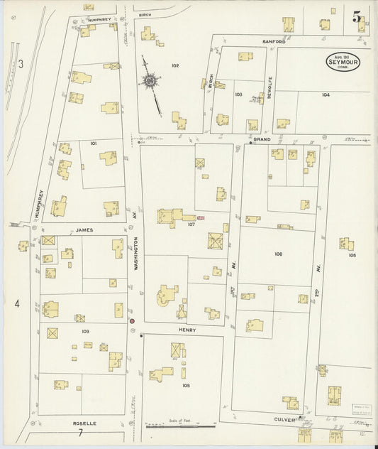 Sanborn Fire Insurance Map from Seymour, New Haven County, Connecticut (1911), Sheet #0005 - Historic Sanborn Fire Insurance Map Print, vintage old map wall art, antique decor, genealogy gift, Connecticut Connecticut map