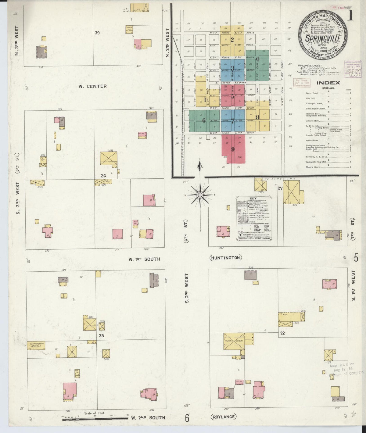 Sanborn Fire Insurance Map from Springville, Utah County, Utah (1908), Sheet #0001 - Historic Sanborn Fire Insurance Map Print, vintage old map wall art, antique decor, genealogy gift, Springville Utah map
